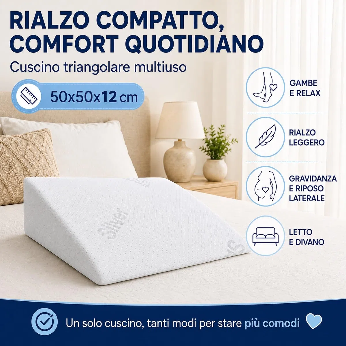 Cuscino Triangolare Antireflusso e Sostegno Gambe | Alza Materasso per Migliorare Respiro Notturno | Ideale per Gravidanza e Circolazione, Bianco, Unica, Poliestere, cm. 50x50 alto circa 12 cm