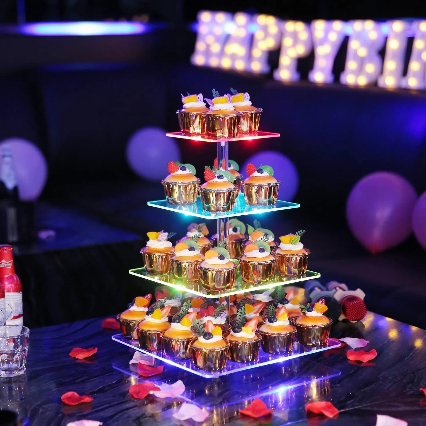 4 Piani Cupcake Stand, Ulifeme LED Ricaricabile Alzata, Supporto per Esposizione di Dolci Trasparente Quadrato, Torre di Cupcakes per Natale, Matrimoni, Anniversari, Feste Prenatalizie e Compleanni