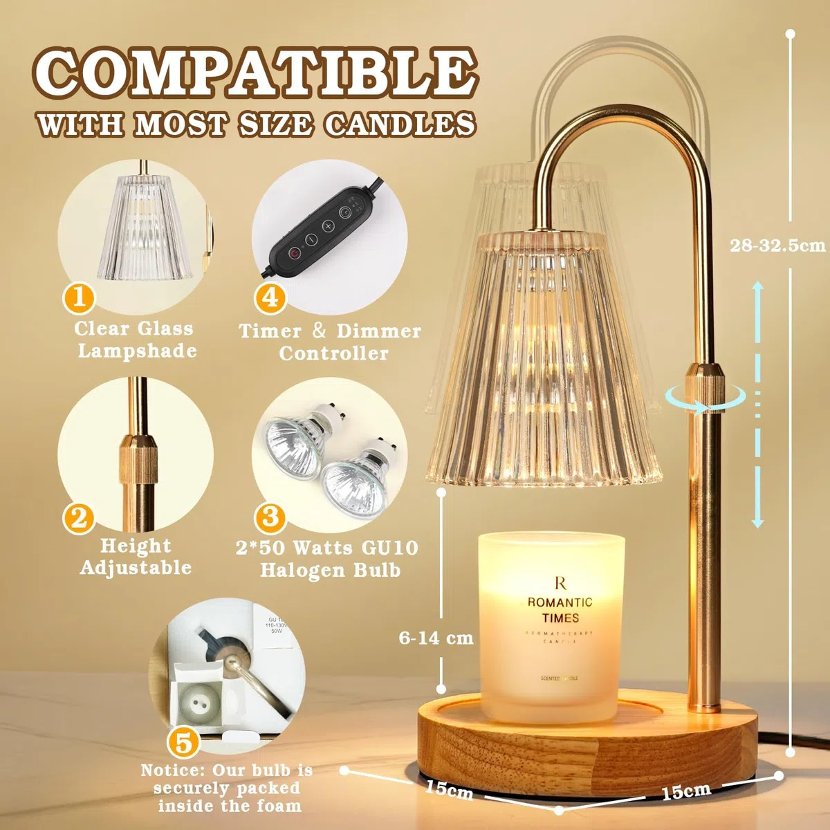 Funistree Candle Warmer Lamp, Lampada Scaldacandele Elettrica, con Timer Dimmer Altezza Regolabile, Senza Fiamma Candele Profumate, 2 Lampadine, Vintage, Regalo Mamma Fidanzata Sorella