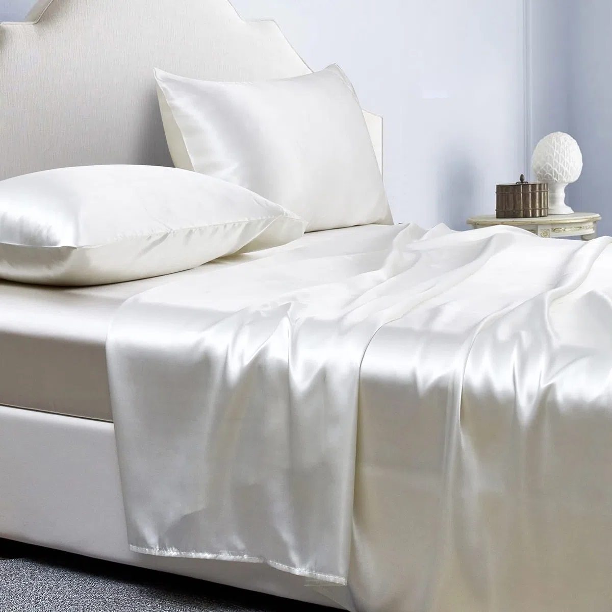 Jemiipee Completo Lenzuola Raso Singolo Tinta Unita 90x190x36 cm - Lenzuola Sotto con Angoli, Lenzuolo Sopra, 1 Federa - Biancheria da Letto Satin 3 Pezzi - Avorio