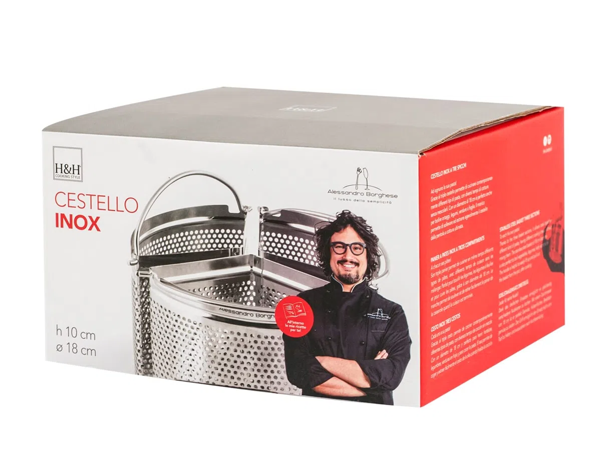 H&H Alessandro Borghese – Cestello in Acciaio Inox a 3 Spicchi, Ø18 cm, Design Elegante, Lavabile in Lavastoviglie, Linea Il Lusso della Semplicità
