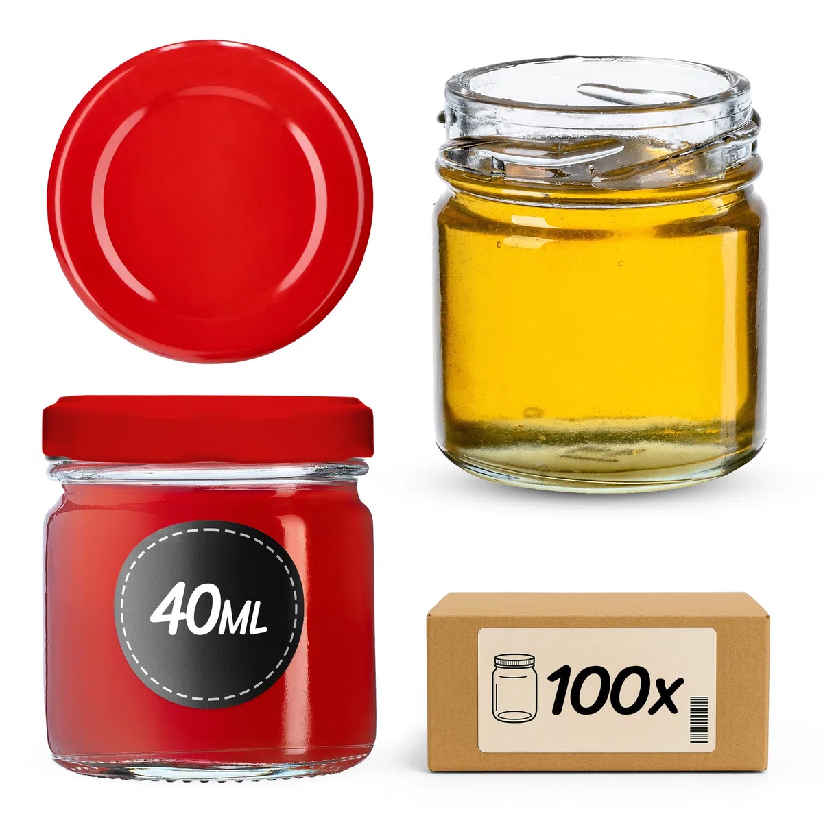 KADAX Set di 100 Mini vasetti in Vetro 40ml fi43 con Tappo a Vite, per spezie, Prove, Miele, marmellate e bomboniere