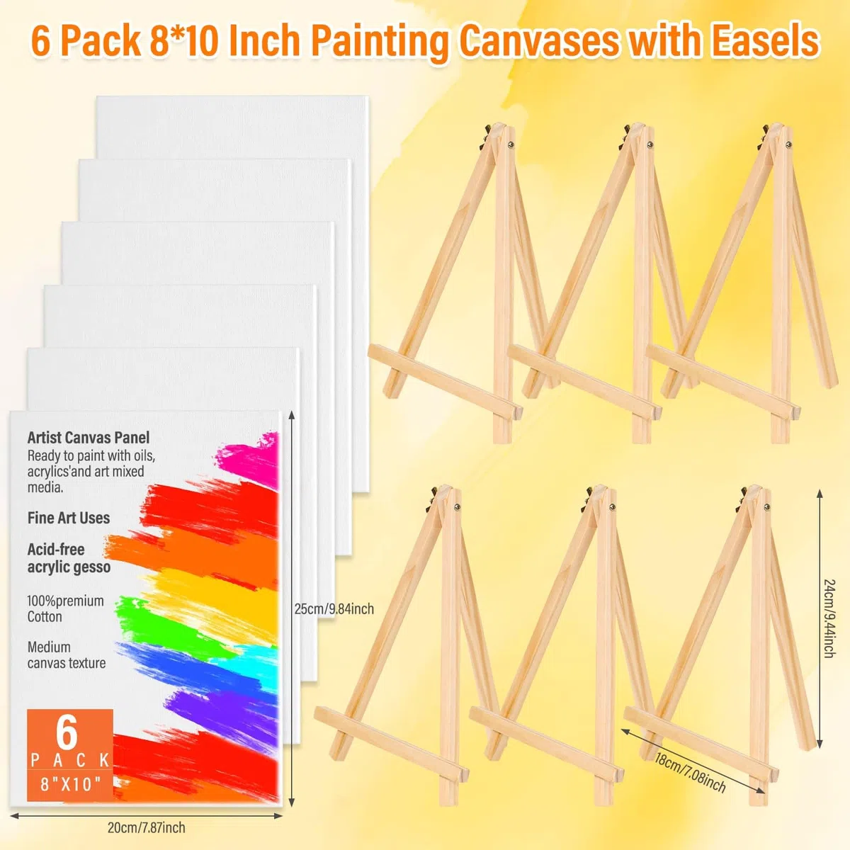 Tavole di tela con cavalletto per pittura, confezione da 6, 20 x 25 cm, pannelli in tela con cavalletti in pino, kit per principianti per acrilico, olio, acquerello, artigianato, sorseggiare e