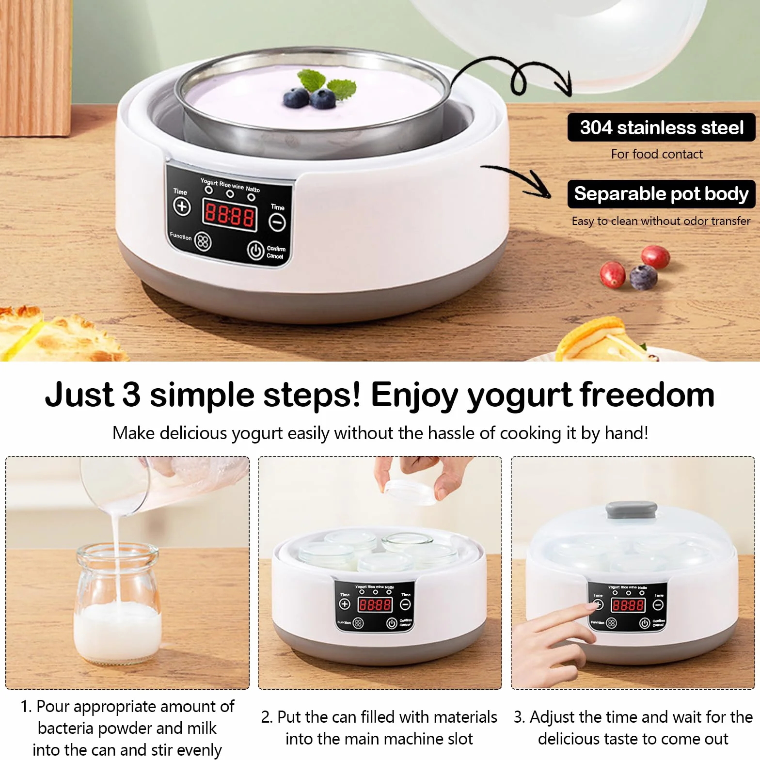 Yogurtiera, Macchina per Yogurt con Contenitore per Yogurt in Acciaio Inox e 5 Vasetti per Yogurt 220V 15W Yogurtiera Yogurt Greco Fatto in Casa per Yogurt Biologico Zuccherato o Senza Zucchero
