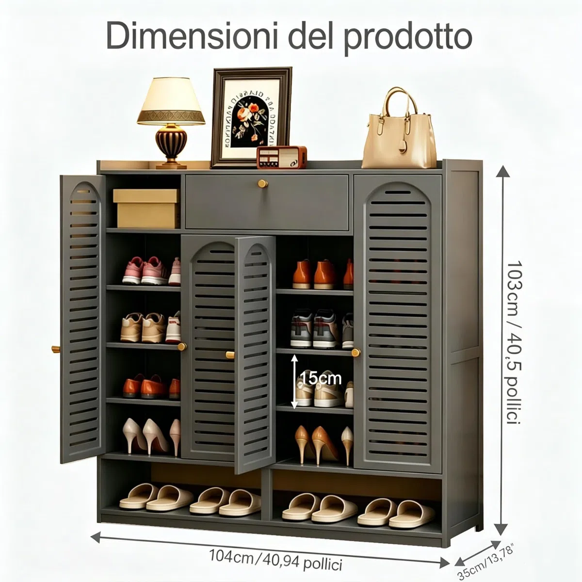 Scarpiera in Bambù a 7 Livelli – Grande Scarpiera da Ingresso con Ante a Tapparella, Modello Indipendente con Ripiani Regolabili, Ideale per Corridoio e Soggiorno (Grigio)
