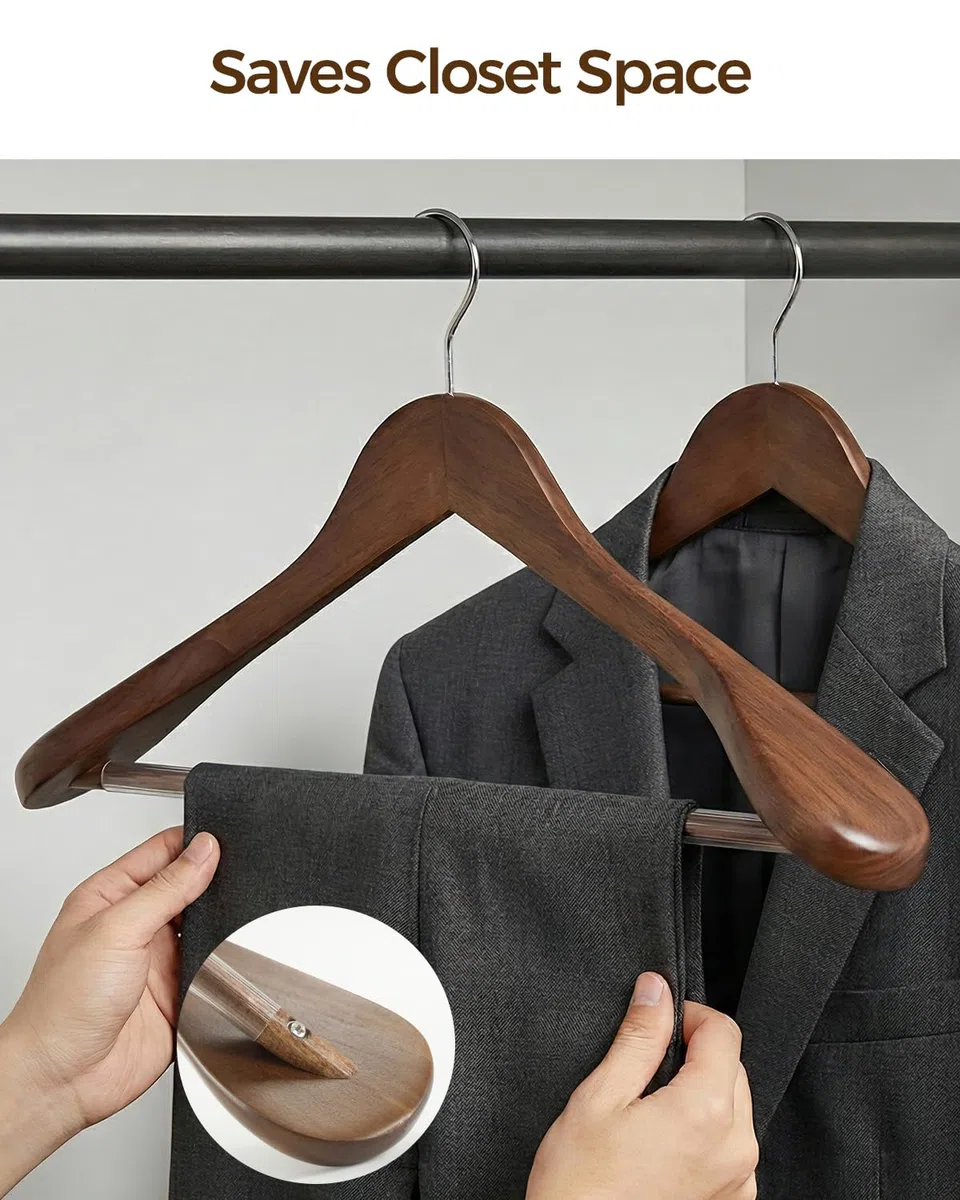 Confezione di grucce in legno a spalla larga, con barra antiscivolo per pantaloni, finitura liscia, in legno massello, per abiti e abiti (vintage, a spalla larga, in legno, confezione da 6 pezzi)