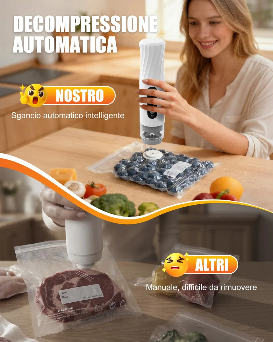 Babacom Macchina Sottovuoto Alimenti Portatile con Serbatoio Visibile, 60kPa Potente Vacuum Sealer, Sigillatura Auto e Modalità Impulso per Alimenti Delicati Sigilla Barattoli,20 Sacchi Riutilizzabili