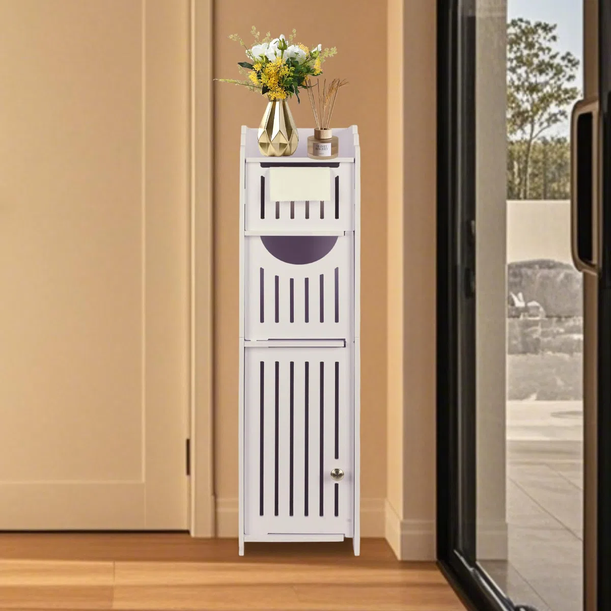 powerking Supporto per carta igienica, Sopra l'armadio di stoccaggio WC per bagno, Mensola angolare sottile per piccolo spazio di stoccaggio, Armadio di stoccaggio bagno piccolo con porte, Bianco