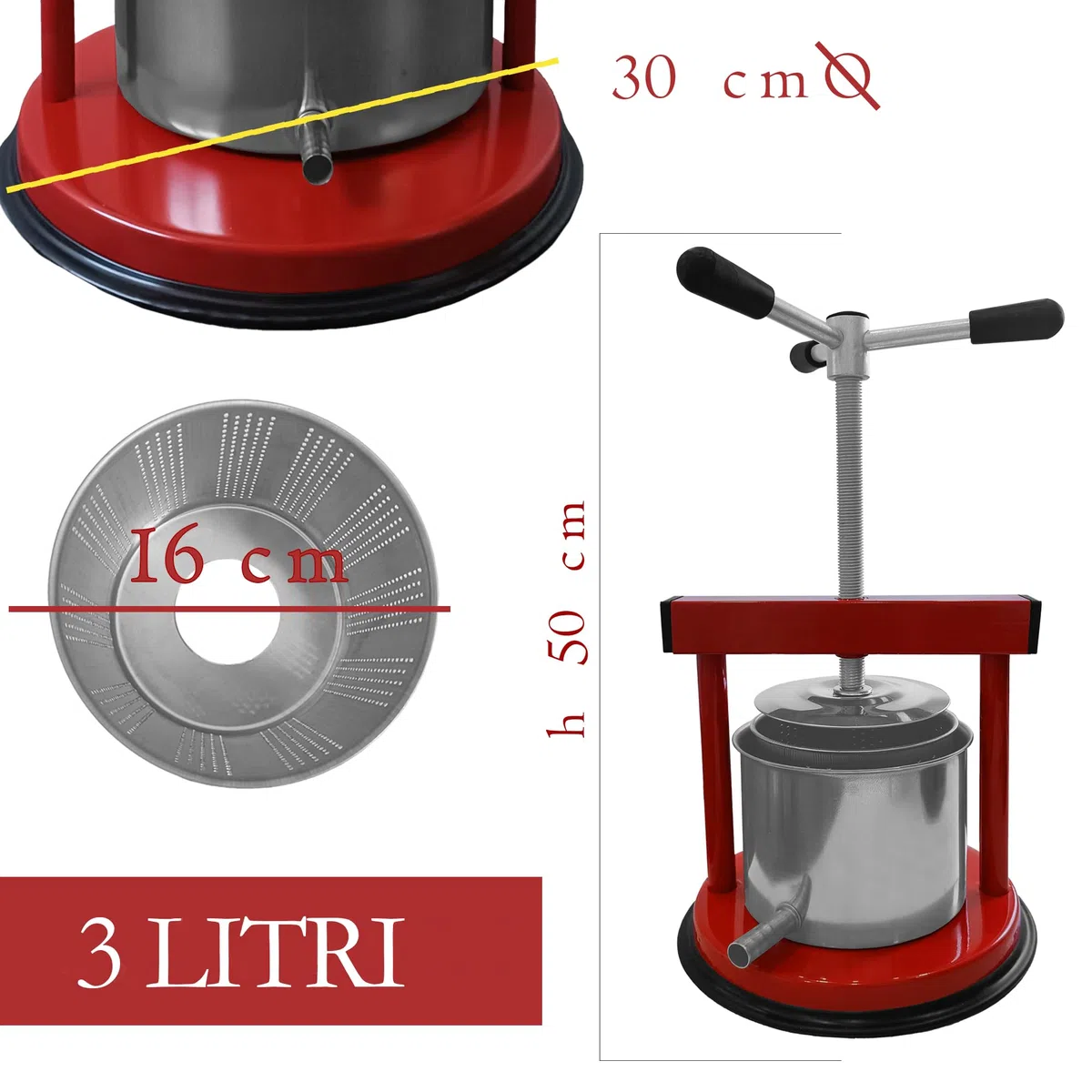 ESTO Torchietto Premitutto per Melanzane, 1,5/3 / 5 kg, Torchio Premitura Mirto e Nocino per Conserve Succhi e Premute, in Acciaio Inox Alimentare, Piccolo Medio Grande, Pressa Manuale (3 Litri)