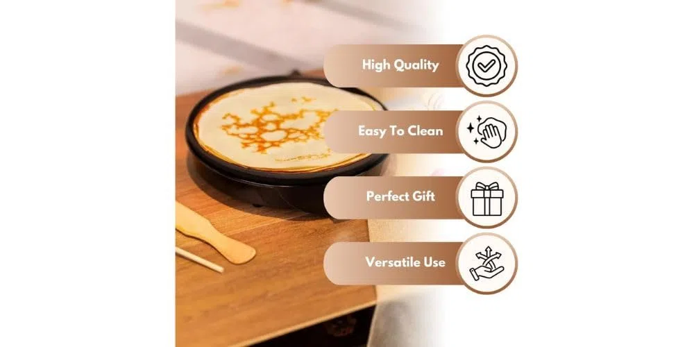 Crepiera Elettrica 1000W, Piastra Antiaderente 30 cm con Termostato Regolabile e Spatole in Legno, Ideale per Crepes, Pancake, Omelette, Frittate e Piadine