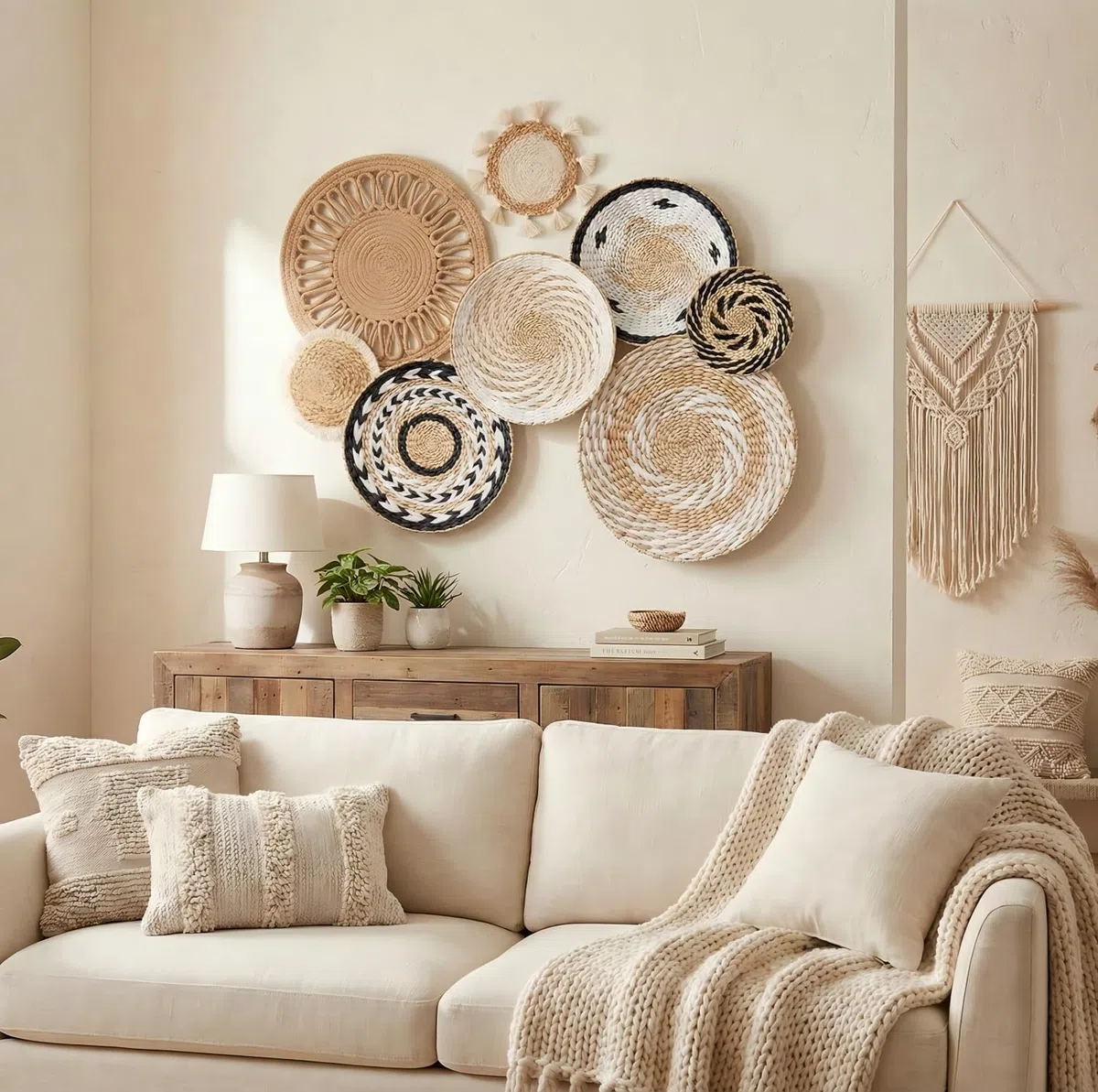 SZKKQKJ Set di 8 cestini da parete in tessuto boho, decorazione da parete, stile boho, decorazione da parete, decorazione da parete rotonda, fatti a mano per soggiorno e camera da letto