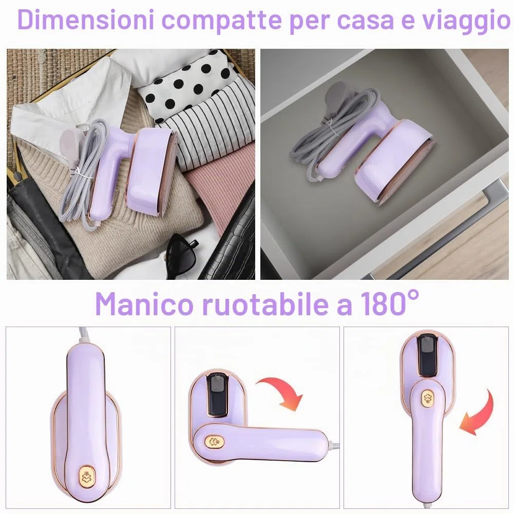 AUAUY Ferro da stiro a vapore Mini, 1000 W, pieghevole, portatile, con serbatoio dell'acqua da 100 ml, ferro da stiro a secco e a umido, piccolo ferro da stiro a vapore per casa e in viaggio (viola)