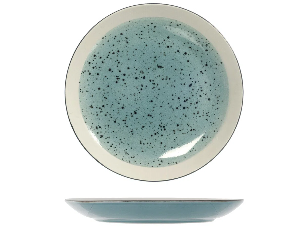 H&H Mimosa Set 6 Piatti Piani in Ceramica Stoneware, 26.5 cm, Azzurro con Decoro ad Effetto Pennello e Bordo Avorio – Lavabili in Lavastoviglie, Utilizzabili in Forno a Microonde