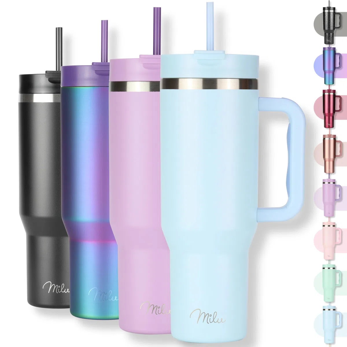 Milu Tazza termica a doppia parete 1200ml con cannuccia e manico, 24h ghiacciato / 12h caldo Tumbler 40oz in acciaio inox con manico, bottiglia isolante da portare con sé (Morning Blue, 1200ml)