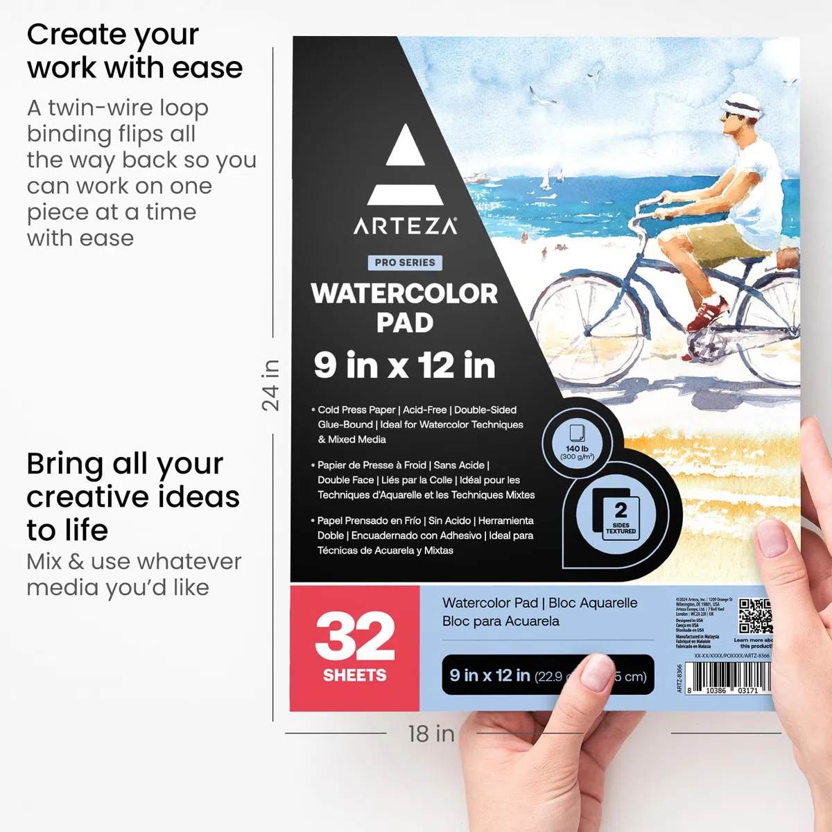 Arteza 22,9x30,5 cm. Acquerello Expert Set da 2 Blocchi, 64 Fogli, Pressati a Freddo, Senza Acidi, 300 gsm, Ideale per Tecniche Watercolor e Miste