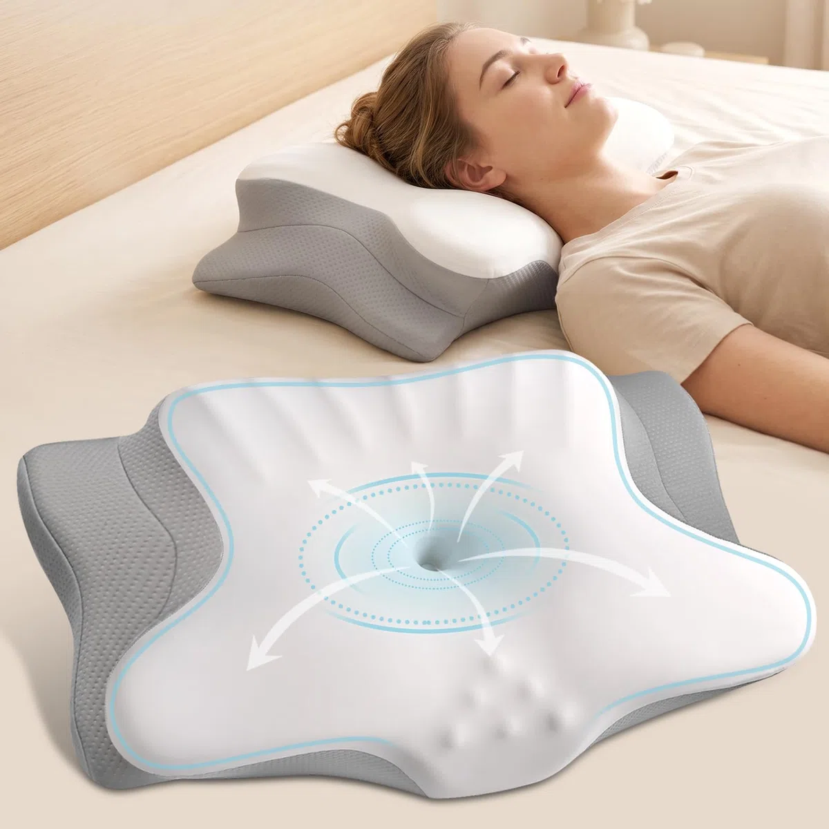 Cuscino cervicale per alleviare il dolore, cuscino ergonomico per dormire, cuscino sagomato in memory foam con federa rinfrescante, cuscino ortopedico per dormienti sulla schiena e sullo stomaco