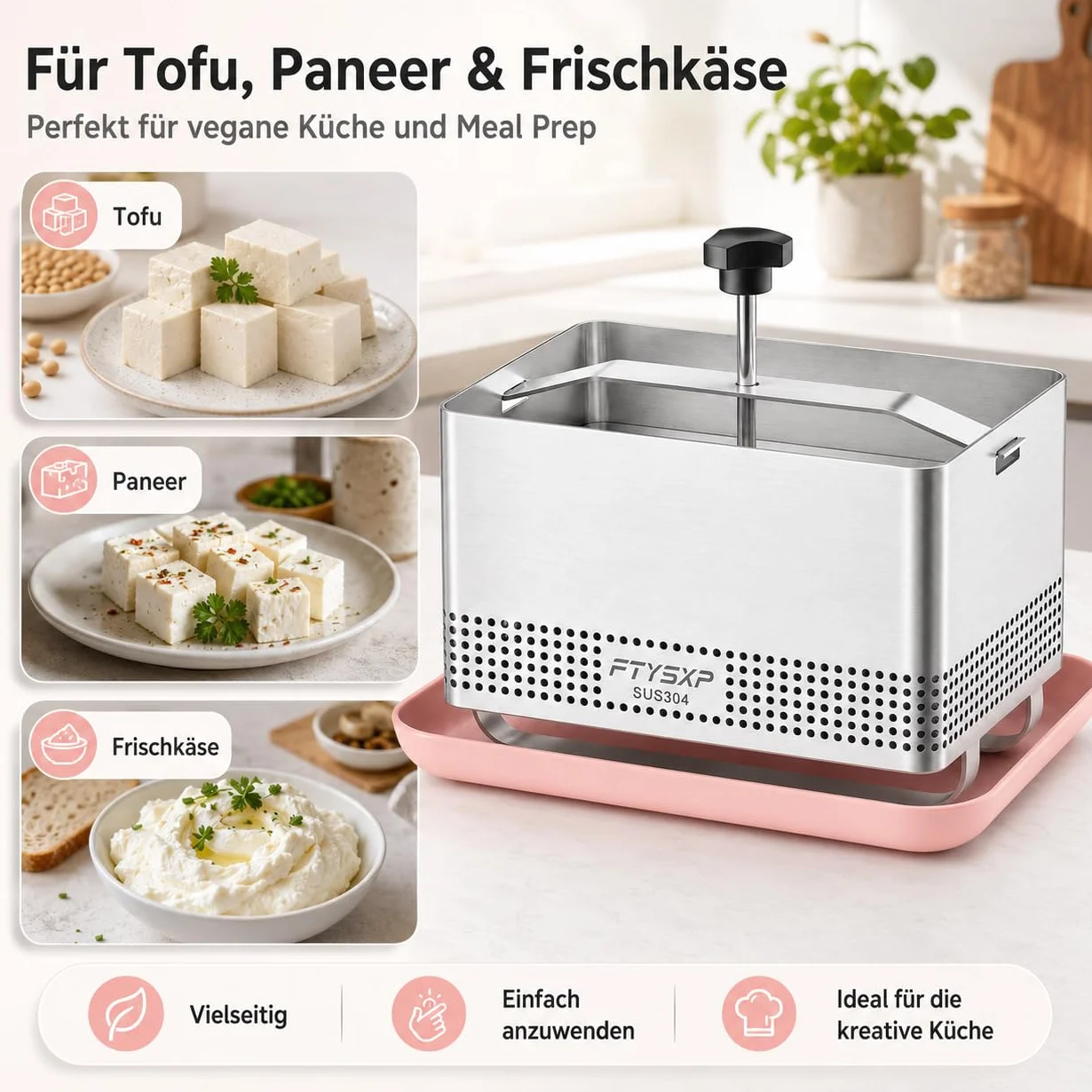 Tofupress 304 - Pressa per formaggi in acciaio inox con pressione regolabile, per tofu e formaggio, multifunzione, in acciaio inox, per prosciutto e pressa per carne, sicurezza lavastoviglie (16 x 12