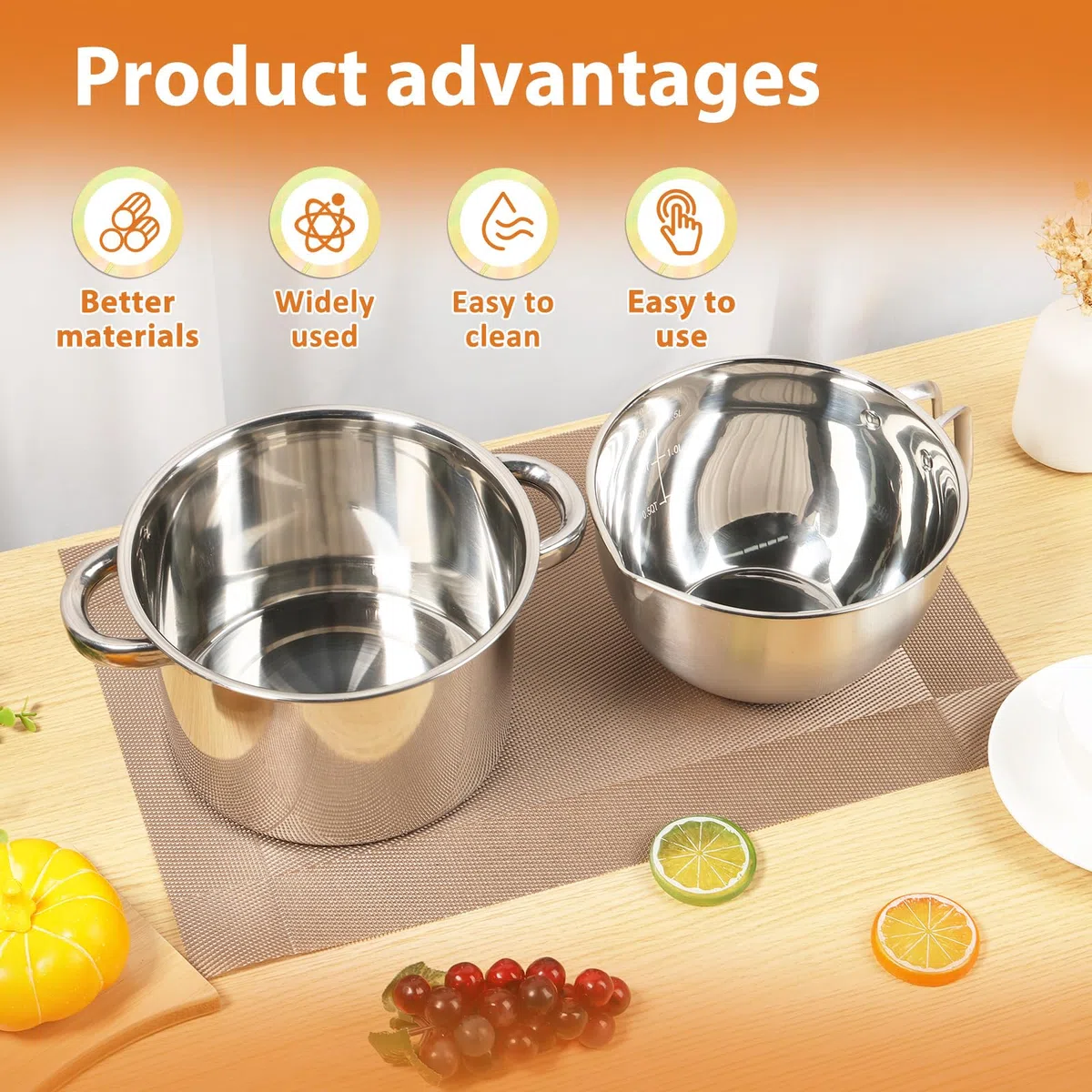 Pentola per bagnomaria, in acciaio inox, 2,5 l, per bagnomaria e 1,8 l, con manico, in acciaio inox 304
