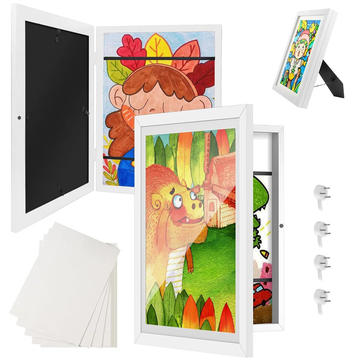 2pcs Cornici per Quadri Disegni Bambini con 20 a4 Disegni Cornice Artistiche in Legna Capacità 100 da Appendere Cornice Porta Disegni Bambini