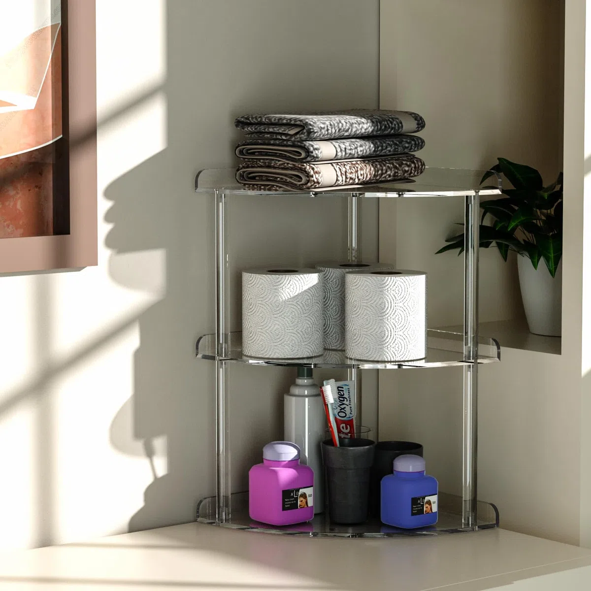 Sezanrpt Organizzatore Scaffale Angolare in Acrilico a 3 Ripiani per Contenimento 24 x 24 x 40 cm, Mensola Angolare Trasparente da Bancone per Bagno, Cucina, Camera da Letto, Ufficio, Studio