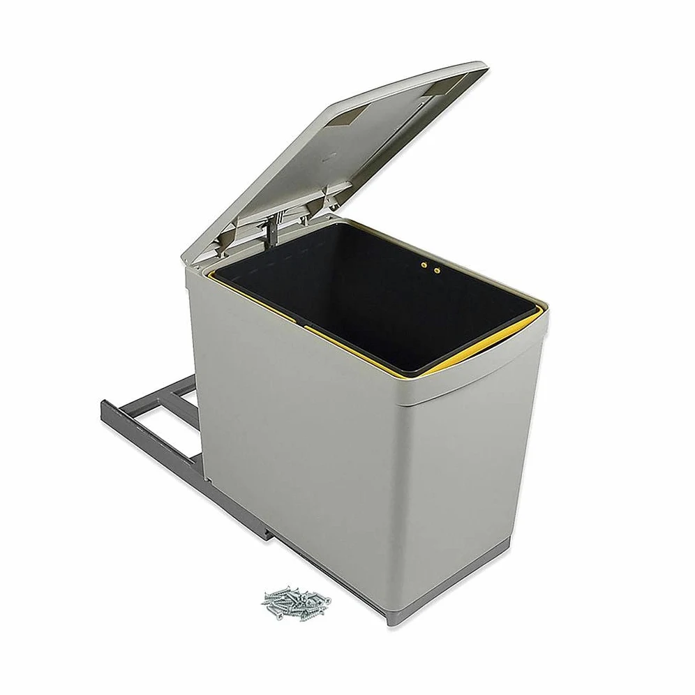 Emuca 8906621 - Pattumiera per riciclaggio, fissaggio inferiore e estrazione manuale, con 1 contenitore da 16 litri e coperchio automatico