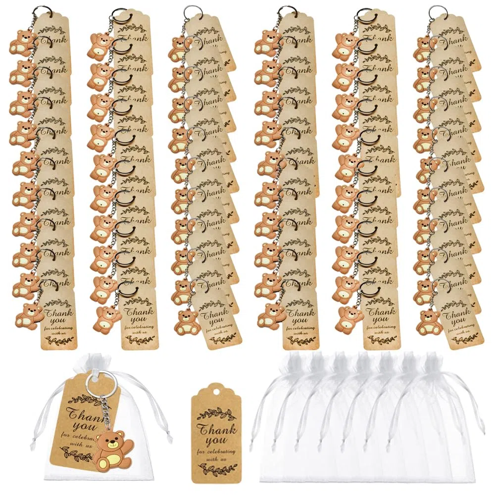 60 confezioni di bomboniere per feste, bomboniere per baby shower con orsi, inclusi portachiavi a forma di orso, sacchetti di organza, etichette Kraft per forniture per feste di compleanno per bambini