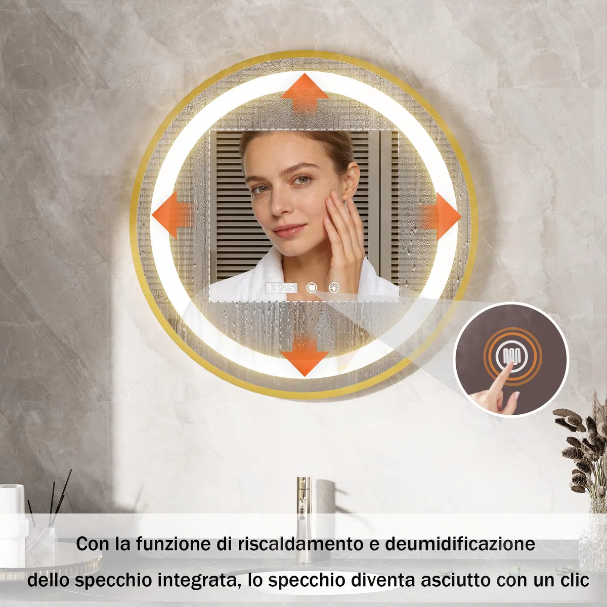Specchio Bagno con Luce LED a 3 Colori Rotondo, Specchio led bagno con Antiappannamento,3000K-6000K Luminosità Regolabile,Impermeabile IP44, Funzione Memoria, Adatto per Bagni e Parrucchieri (50x50cm)