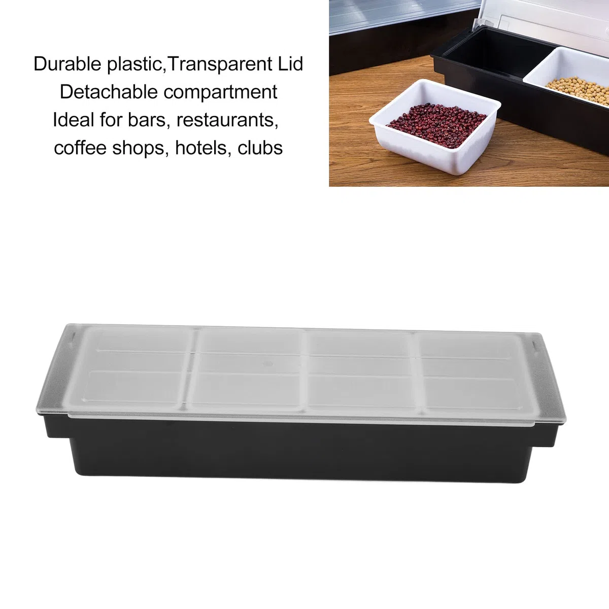 Contenitore per Frutta e Verdura con Coperchio, Contenitore per Dispenser di Condimenti per 4/6 Scomparti, Stazione di Decorazione in Plastica per Bartending e Servire Taco, Gelato,(4 scomparti)