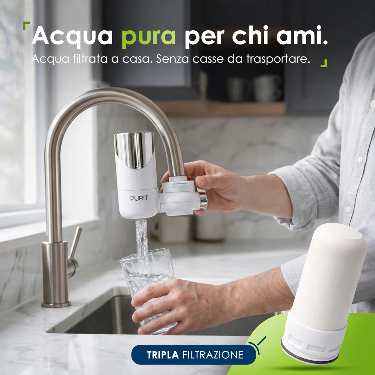PURIT Filtro Acqua Rubinetto Cucina - Riduce Cloro, Metalli, Batteri e PFAS - Cartucce ECO in Ceramica Diatomea e Carbone Attivo Vegetale, 1pz Incluso - 1000 lt.