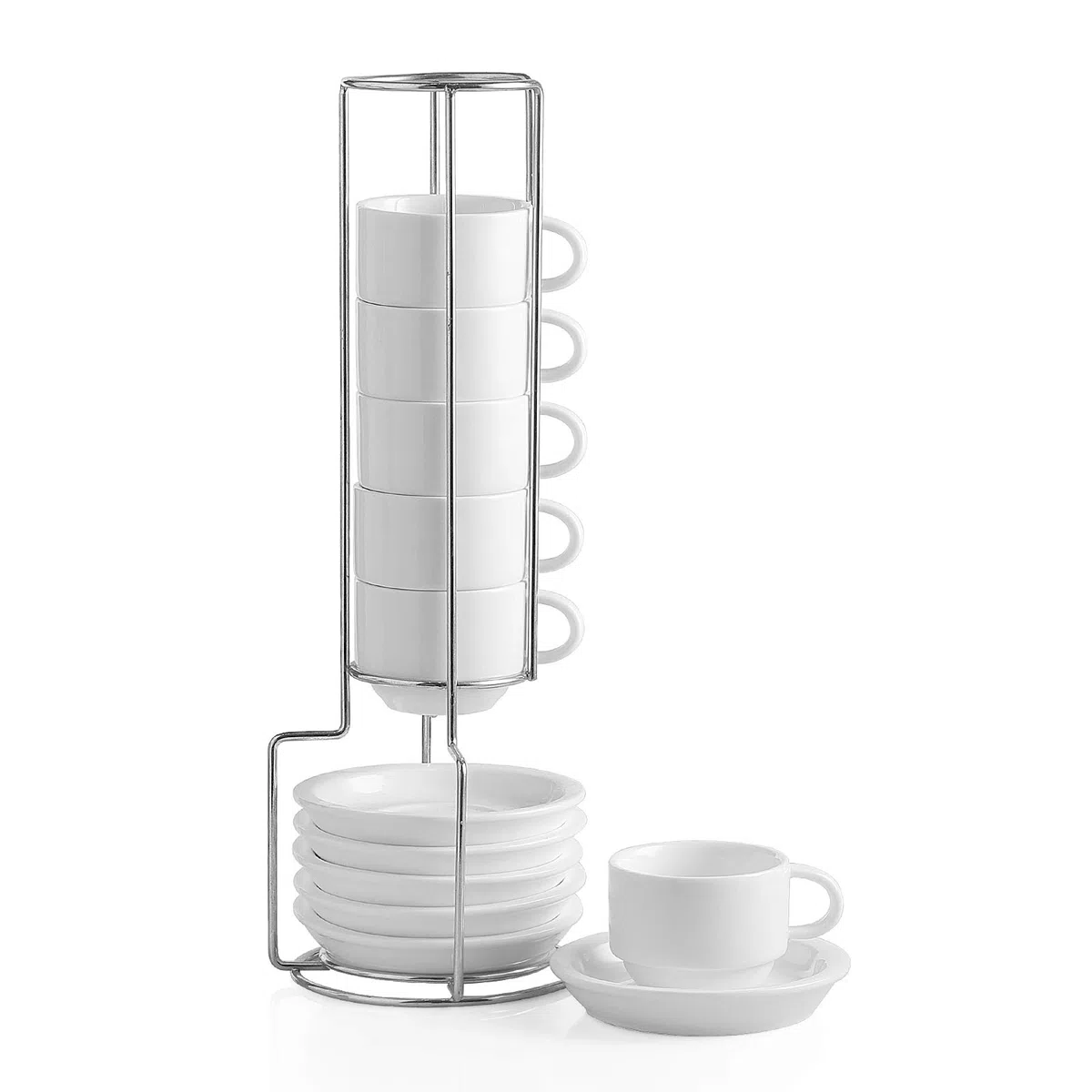 Sweejar Set di 6 tazze da caffè e piattino, impilabili, in porcellana Demitasse con supporto in metallo, 70 ml, per latte, caffè, cappuccino, tè bianco