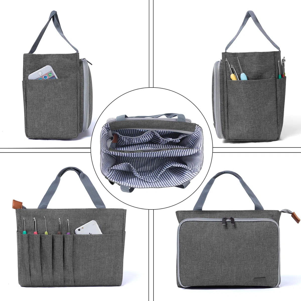 Luxja Borsa Portalavoro Uncinetto, Borsa Maglia, Filati per Matasse, Porta Uncinetti, Ferri Maglia, Accessori Piccoli, Grigio