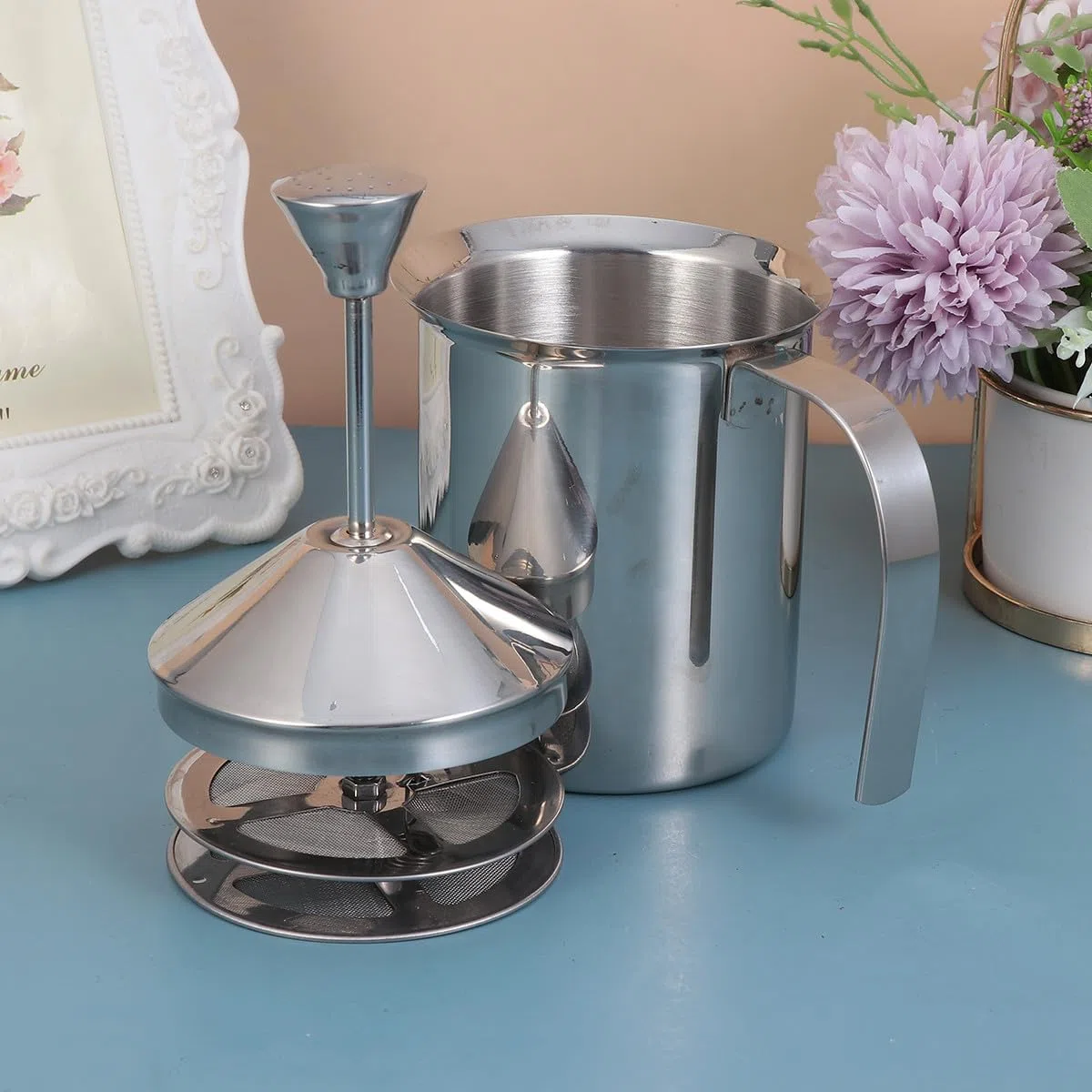 Angoily Montalatte Manuale a Molla in Acciaio Inox 400cc Filtro Doppio Strato, Utensile per Cappuccino e Schiuma di Latte per Uso Domestico e Bar