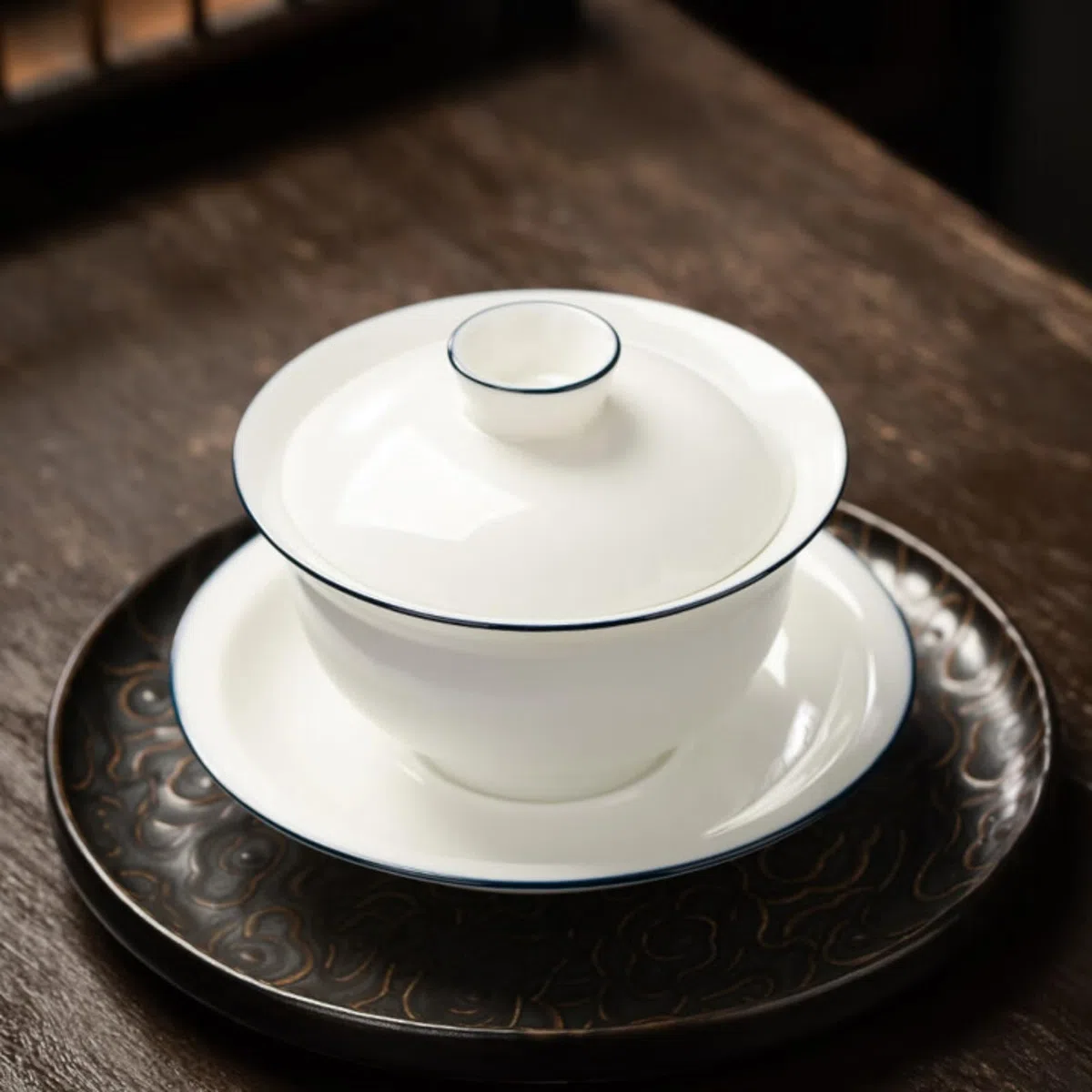 Mutton-fat Jade Ceramics Blue Hook Edge Gaiwan, 210ml 7 oz, porcellana bianca Tea Set