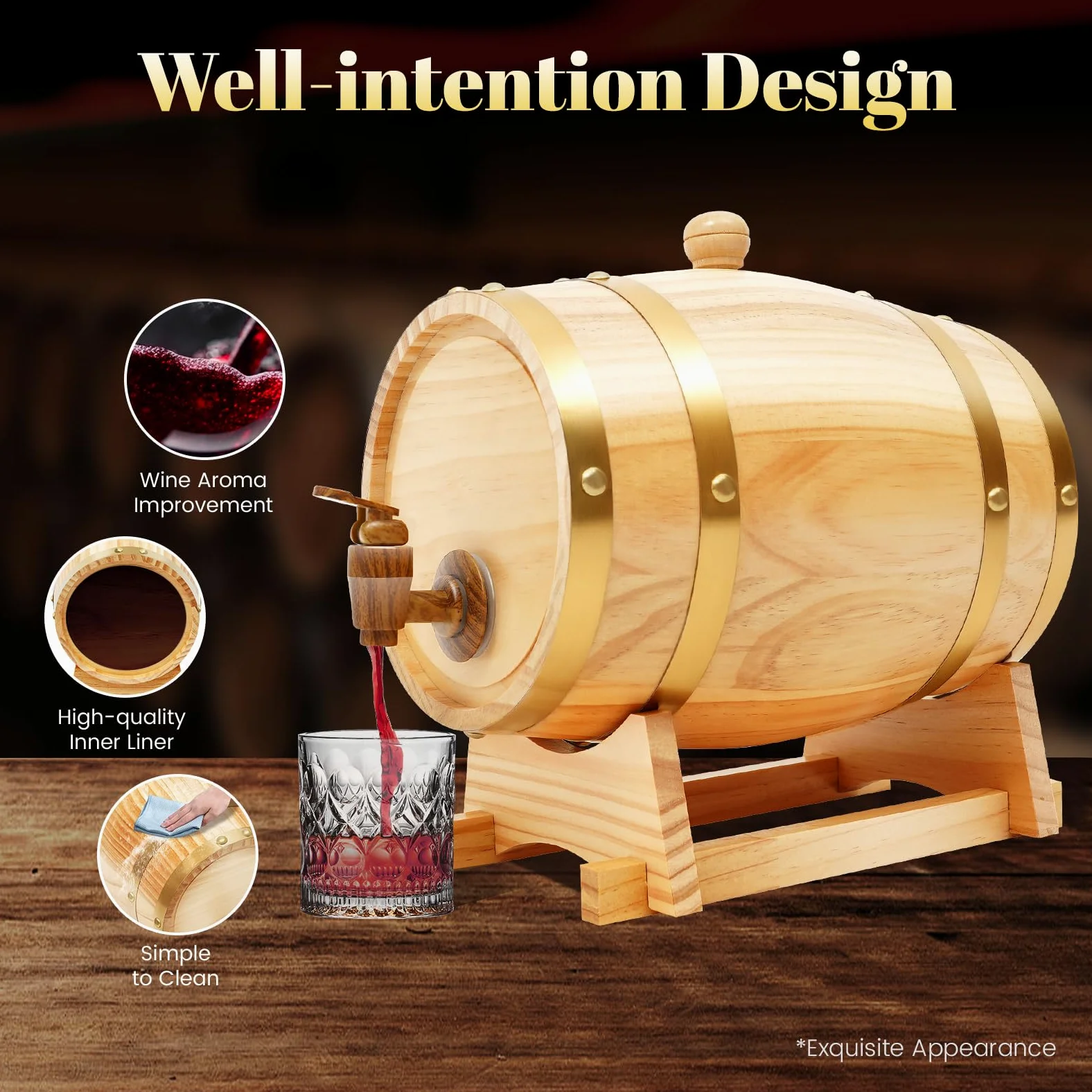 MINRS Botte in legno di quercia, 3 l, per whisky in legno di quercia, con tappo e rubinetto per vino e liquori, decorazione in legno originale