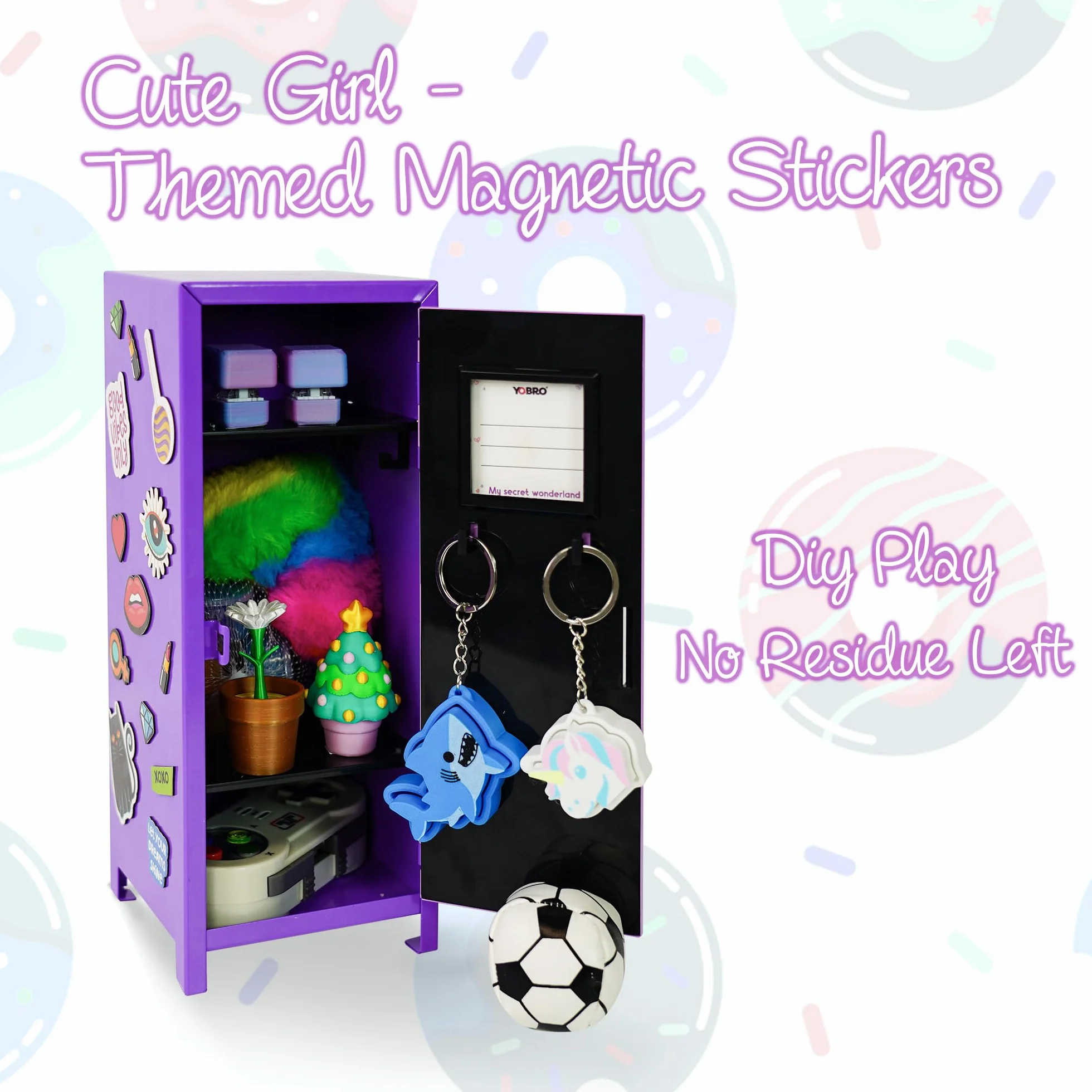 YOBRO Mini armadietto con serratura e 2 chiavi, 24 adesivi decorativi magnetici a tema ragazza, mini armadietti per bambini, armadietto in miniatura per scrivania, casa, camera da letto, viola e viola