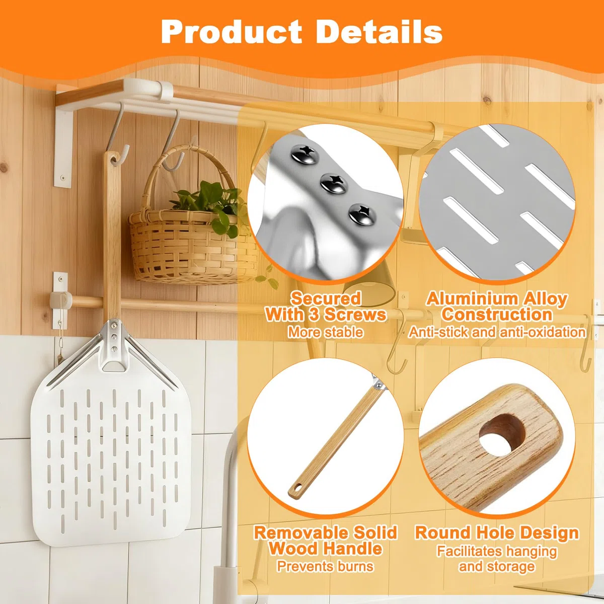 Pala per Pizza Perforata 39,5 x 30 cm con Manico Lungo in Legno Rimovibile, Paletta Pizzas Scorrevole 12 Pollici in Alluminio, Spatola Pane Forata Grande Professionale per Gasgrill, Barbecue e Forno
