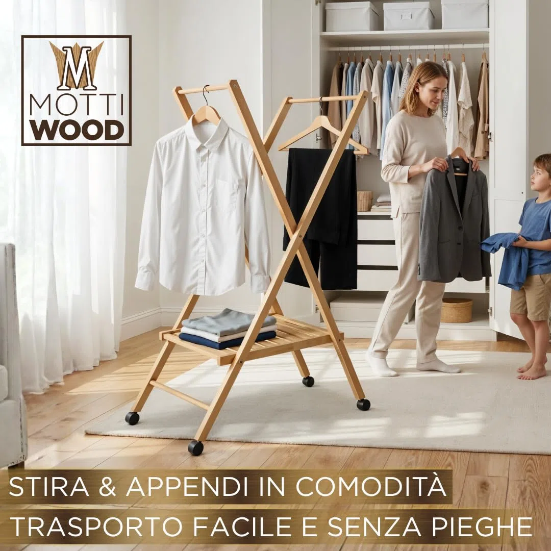 Mottiwood STIRA & APPENDI, Carrello Appendiabiti, Pieghevole e Salvaspazio, 100% Legno Faggio, Stendino, Ruote Multi direzionali, 62,49x122hcm, Omino Appendiabiti, Made in Italy