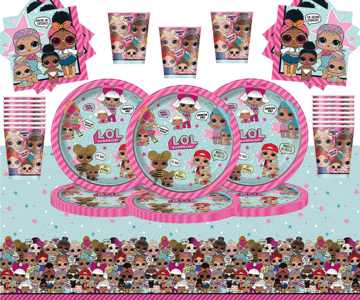 L.ol Surprise Party Pack Stoviglie per Bambini 98 Pezzi LOL Articoli per Feste per 32 Piatti LOL Tazze Tovaglioli Tovaglia