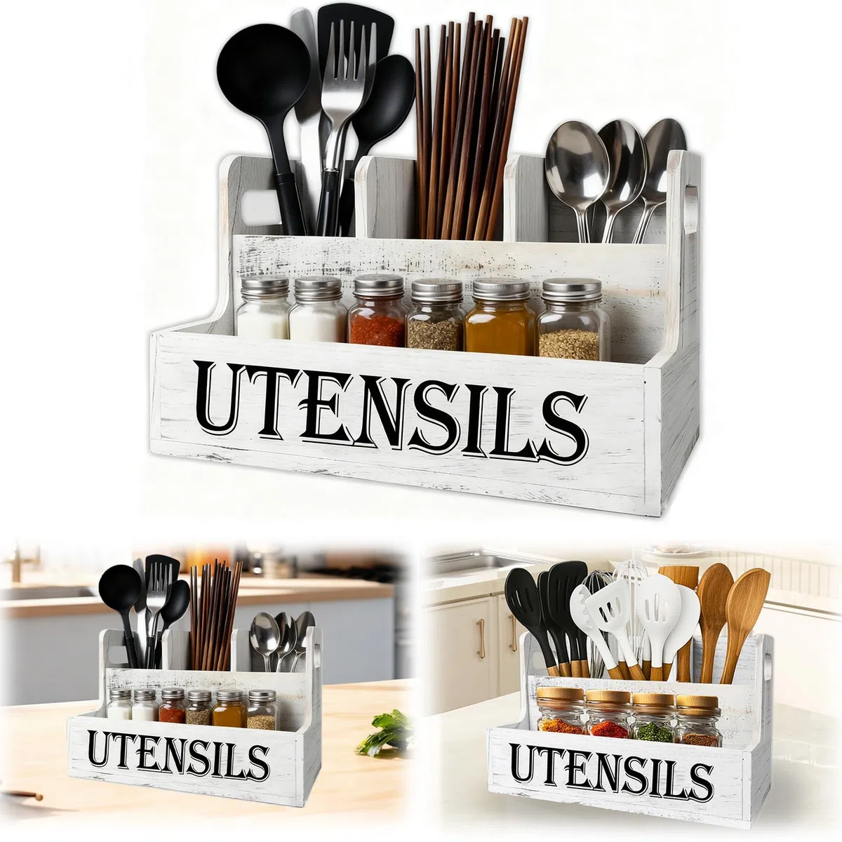 Portautensili da Cucina con Fondo di Drenaggio, Grandi 4 Scomparti in Vero Legno Massiccio, Organizer per Utensili da Cucina, per Bancone Della Cucina Venature Bianche