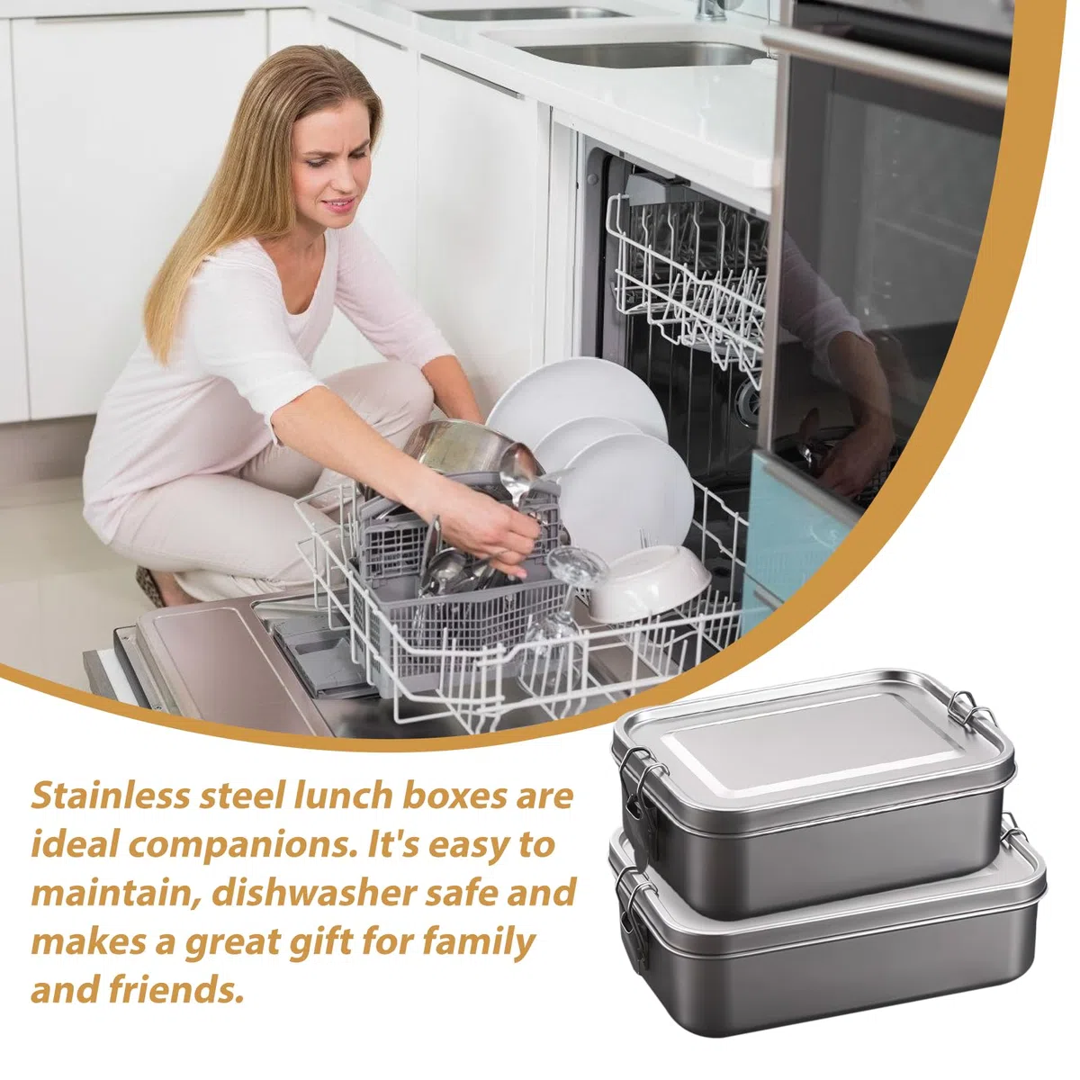Set di 2 contenitori per il pranzo in acciaio inox con divisorio, 850 ml + 1400 ml, a prova di perdite, lavabili in lavastoviglie e impilabili, 304 contenitori per alimenti per lavoro e