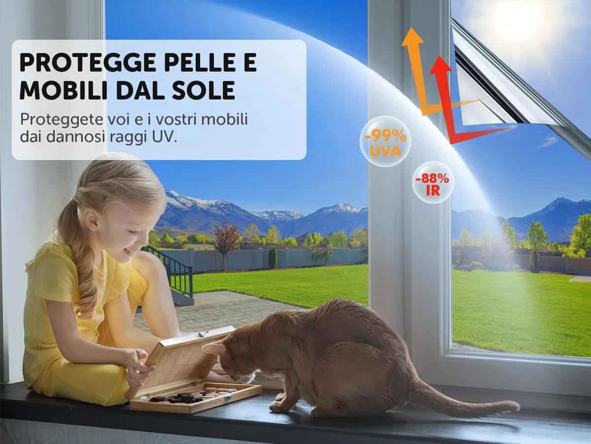 Pellicola a specchio per finestre protezione privacy 100x200cm – Pellicola per finestre autoadesiva per interni ed esterni, protezione dai raggi UV e dal calore, argento-specchio, ideale per