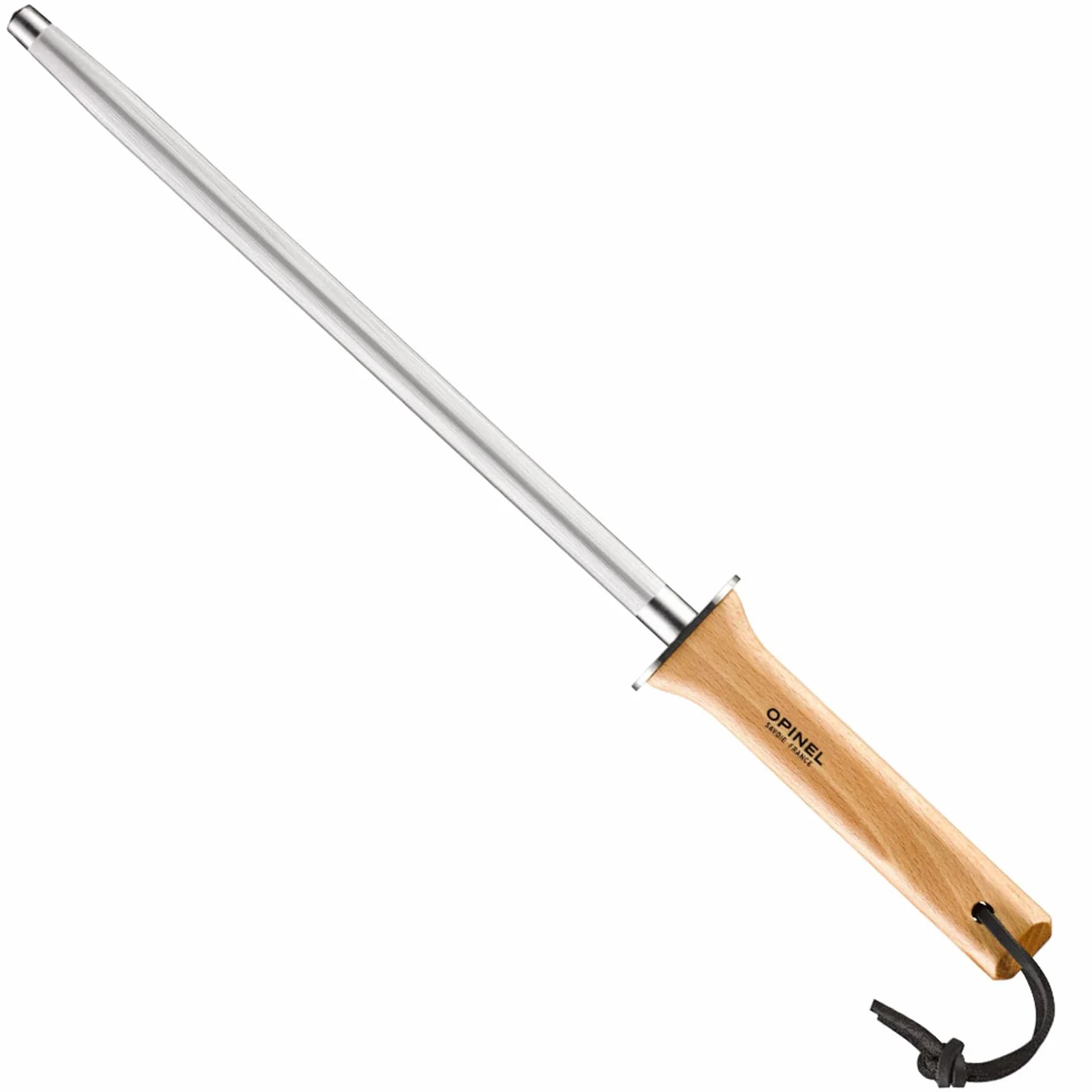 Opinel - Affilatore per Coltelli Rivestito in Acciaio - Ø 13 mm, Lunghezza 25 cm - Affilatura di Coltelli da Cucina - Manico in Faggio, Cintura in Pelle - Fabbricazione Francese