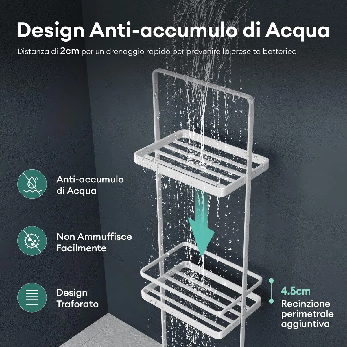 Mai & Mai Scaffale da Bagno di 3 Livelli 18x12.5x67.3cm, Scaffale Portaoggetti in Metallo Robusto con 4 Piedini Antiscivolo per Doccia, Bianco, Reglo-02