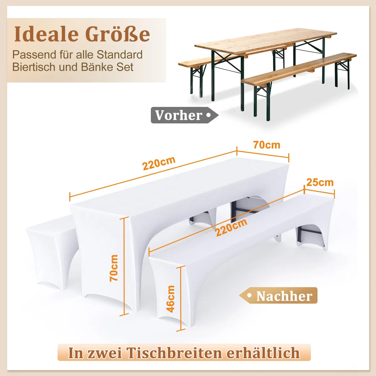 Alishomtll Set di 3 coperture elastiche per tavolo da birra, per tavolo da birra, banchetti, mobili da giardino, 220 x 70 cm, colore bianco