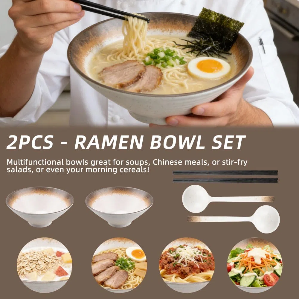 2 Set Ciotola Ramen In Plastica Melamminica Grande Ciotole Ramen Giapponese Con Cucchiai e Bacchette per Pasta Zuppa di Noodles,1100ml
