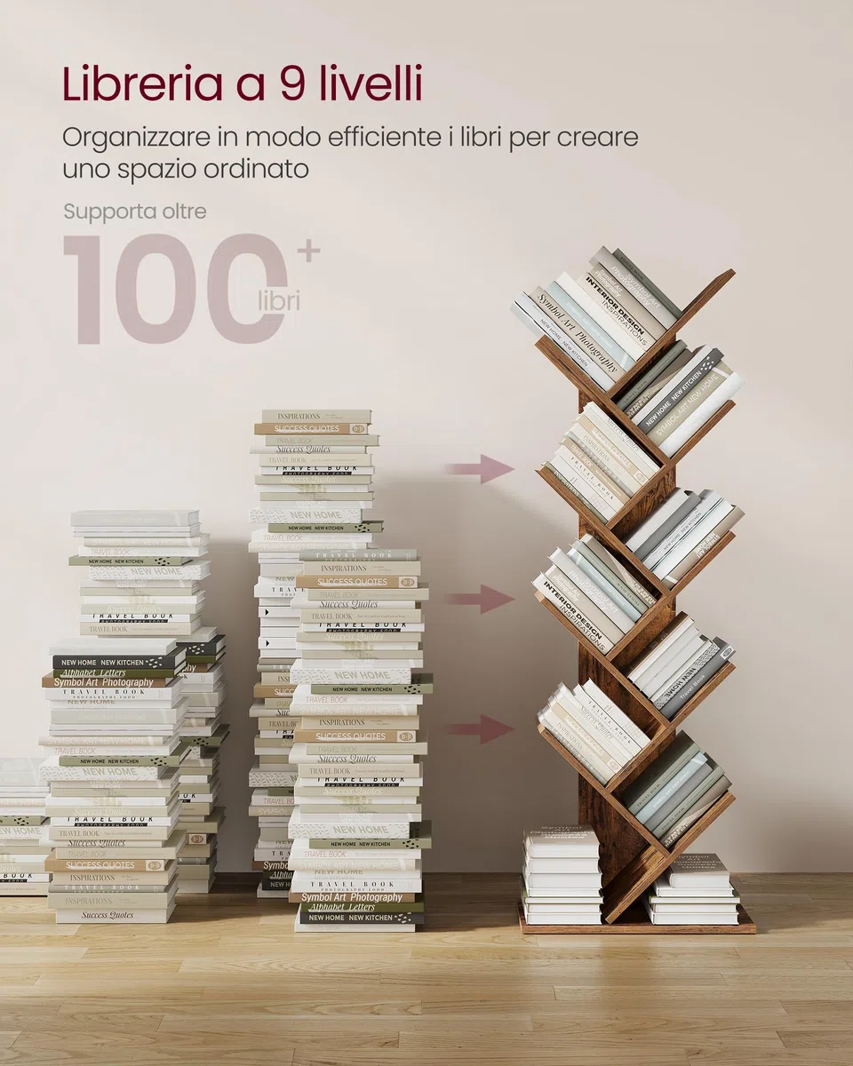 VASAGLE Libreria Scaffale ad Albero a 9 Ripiani, Salvaspazio, Libreria Verticale, per Camera da Letto Soggiorno Studio Ufficio, Marrone Vintage LBC11BX