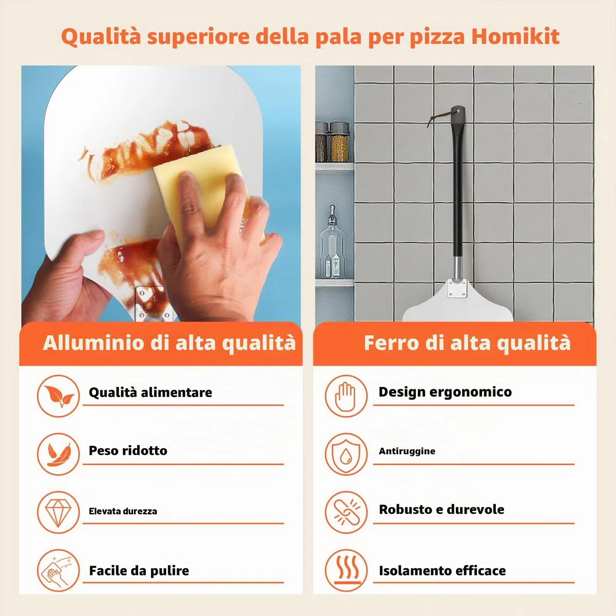 Homikit Pala per Pizza 42x30 cm Grande Paletta in Alluminio Anodizzato Duro con Manico Rimovibile Per Forno, Barbecue, Forno in Pietra
