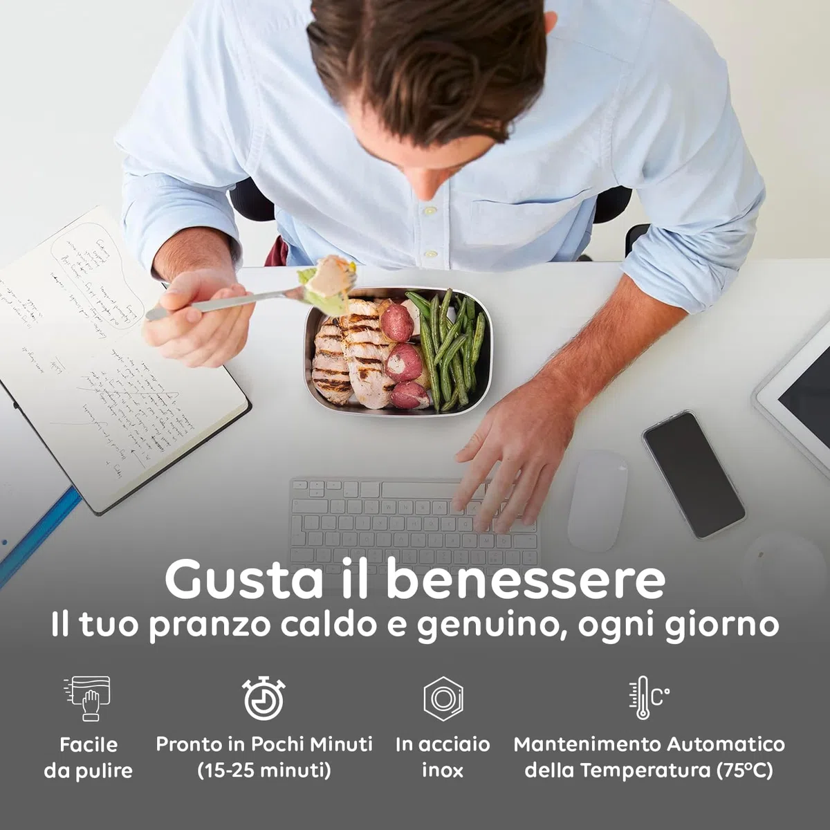 Avilia - Porta Pranzo Lunchy+ 3 in 1 Elettrico in Acciaio Inox con Posate, Scaldavivande da 80W Termico per Casa, Ufficio e Auto, Contenitori Ermetici e Doppia Presa 220V/12V