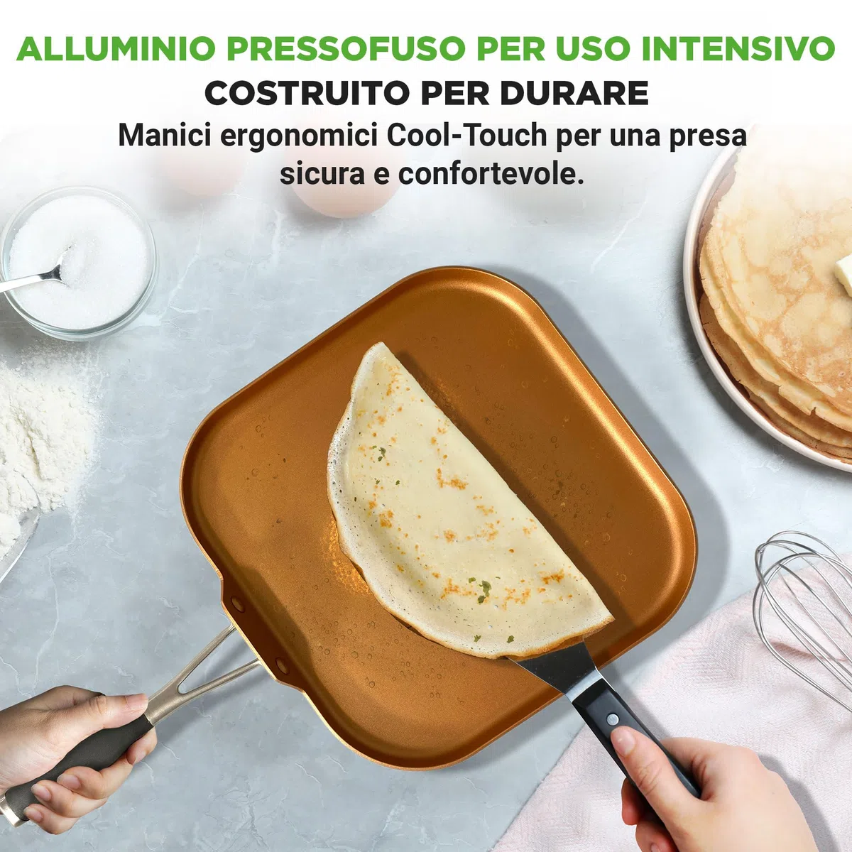 NutriChef Padella Antiaderente 26 cm, Piastra Cucina Rame, Esterno Anodizzato Resistente al Calore, Manico Silicone, Perfetta per Crepes, Pancake, Omelette, Frittata e Piadine