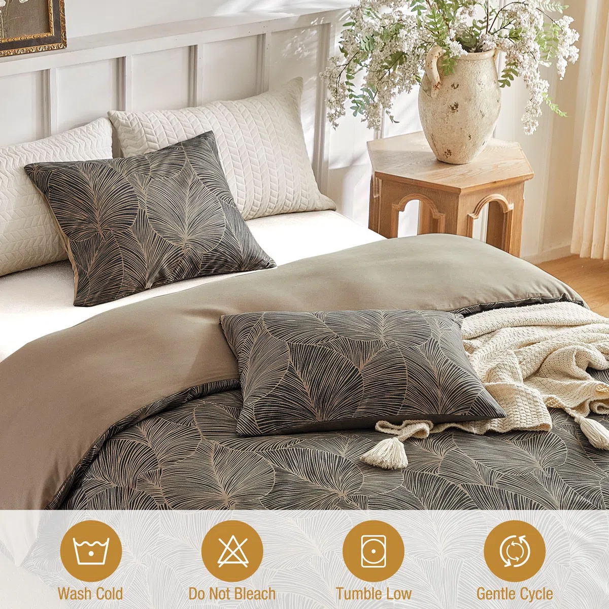 Tokokimo Set di biancheria da letto super king size, motivo con foglie tropicali, in morbida microfibra, estivo, 260 x 220 cm, con 2 federe, cachi/tropicale